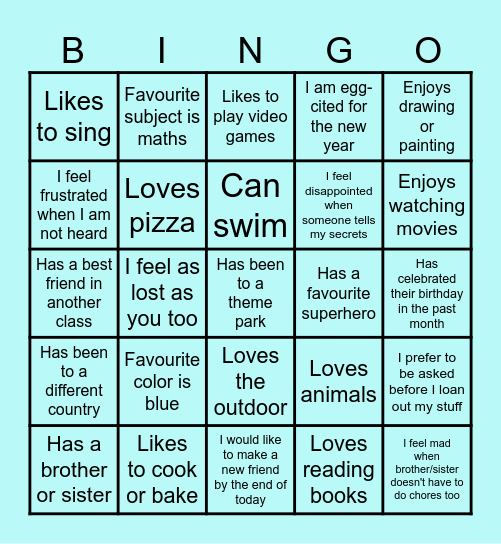 Our new class bingo card Bingo Card