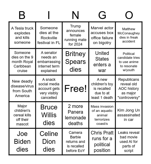 2024 Bingo List Bingo Card
