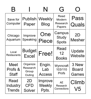 New Years Bingo Card