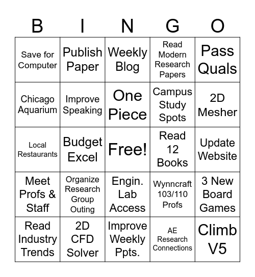 New Years Bingo Card