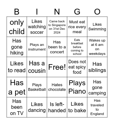 Class Introduction Bingo Card