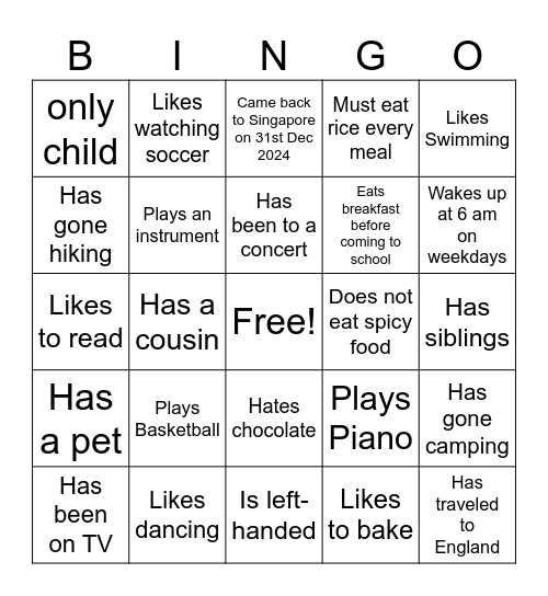 Class Introduction Bingo Card