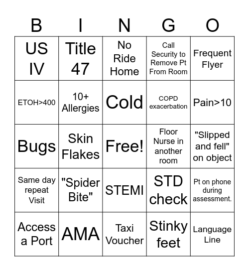 ER Nurse Bingo Card