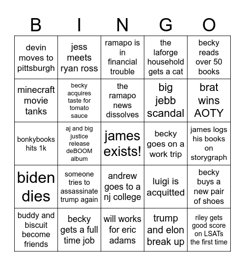 Becky and James 2025 Bingo Card