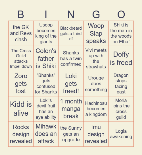 One piece 2025 Bingo Card