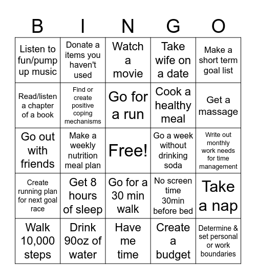 Self Care Bingo Card