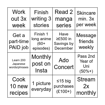 2025 Goals Bingo Card