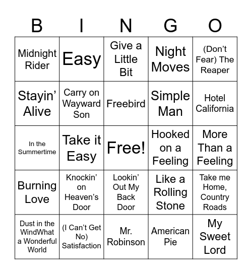 Songs from the 60's & 70's - 2 Bingo Card