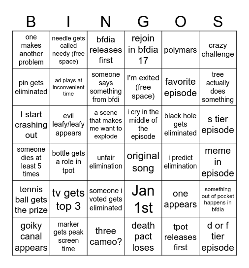 tpot 15/bfdia 17 Bingo Card