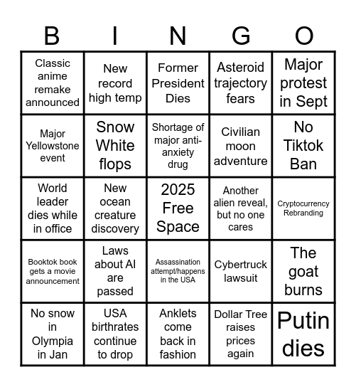 2025 predictions Bingo Card