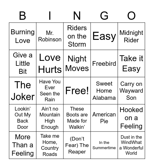 Songs from the 60's & 70's - 2 Bingo Card
