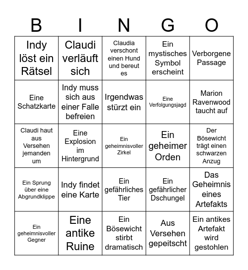 Indiana Jones Bingo Card