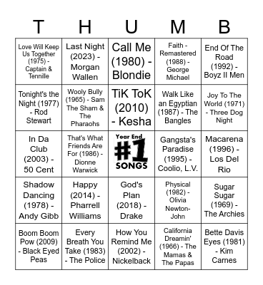 Year End # 1 Hits Bingo Card