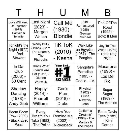 Year End # 1 Hits Bingo Card