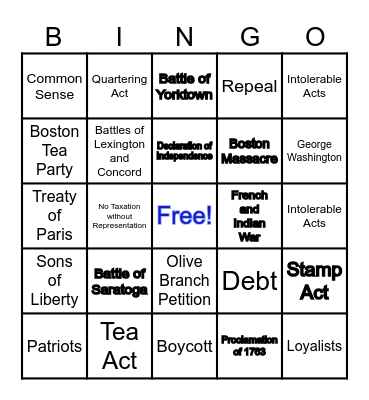 American Revolution Bingo Card