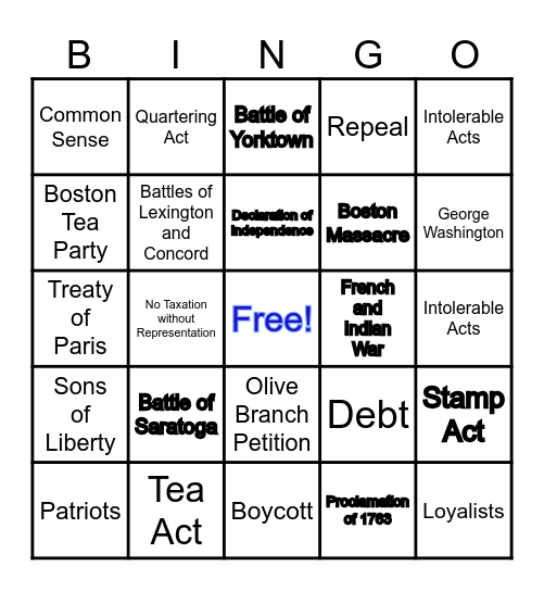 American Revolution Bingo Card