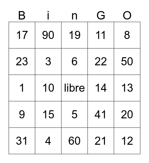 Los Numeros Bingo Card
