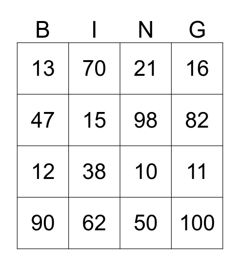 Numbers  Bingo Card