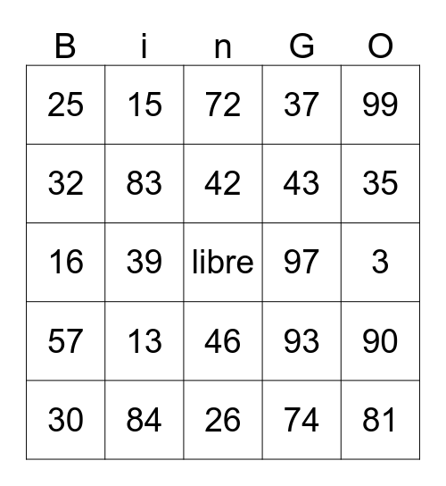 Los Numeros Bingo Card