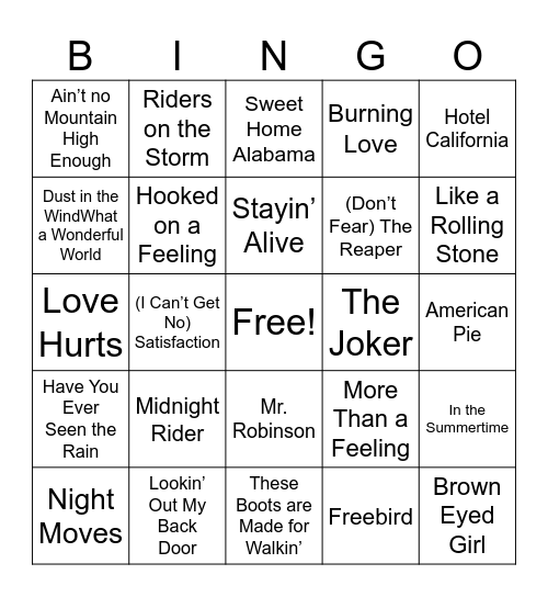 Songs from the 60's & 70's - 2 Bingo Card