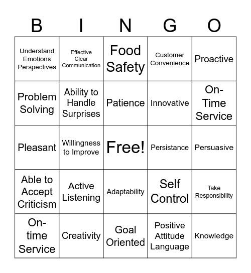 Customer Service Bingo Card