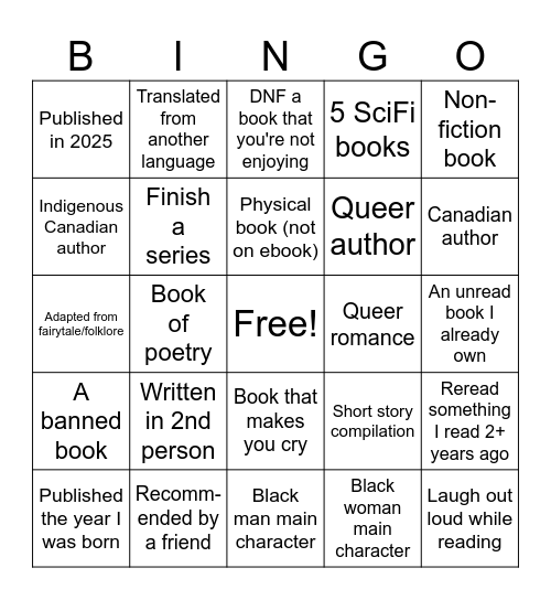 2025 Reading Bingo Card