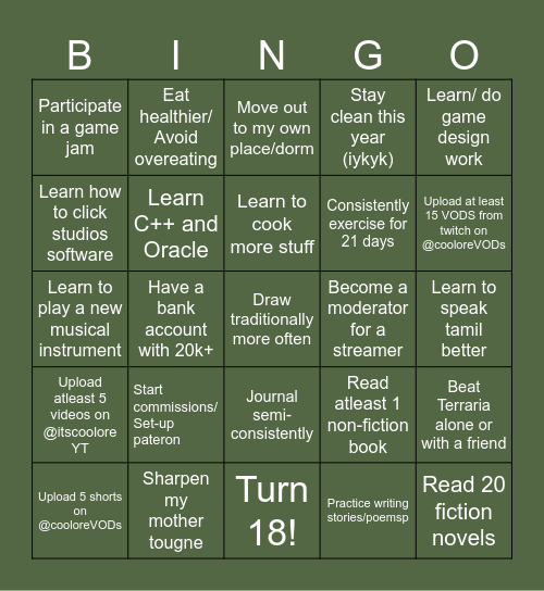 2025 Goals Bingo Card