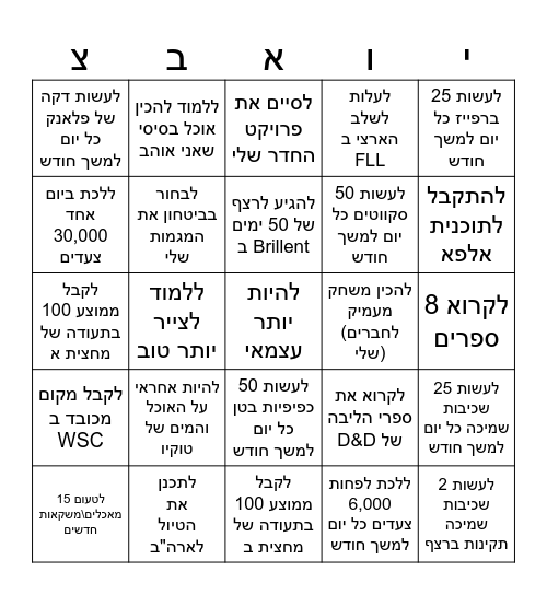 מטרות לשנת 2025 Bingo Card