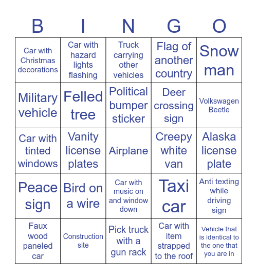 Goofy Grandma's Road Trip Bingo Card