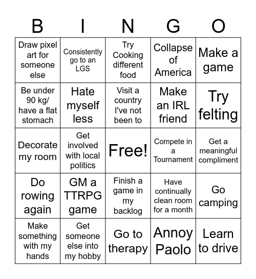 New year Bingo Card