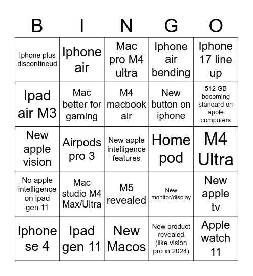 Apple 2025 Bingo Card