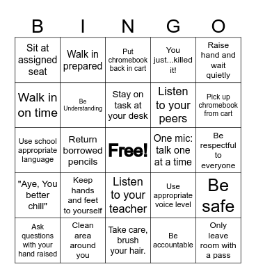 Classroom Expectations Bingo Card