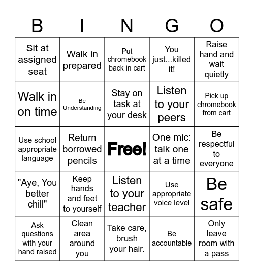 Classroom Expectations Bingo Card