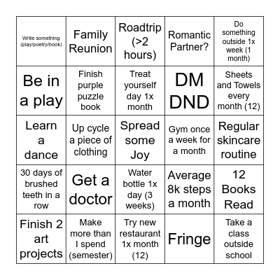 New Years Resolutions Bingo Card