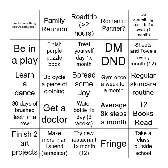 New Years Resolutions Bingo Card