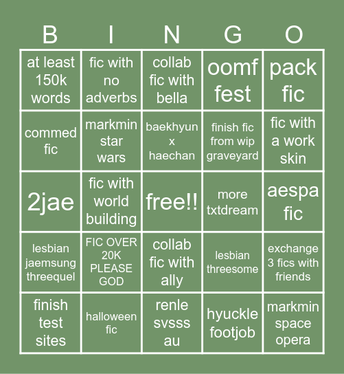 mae fic bingo Card