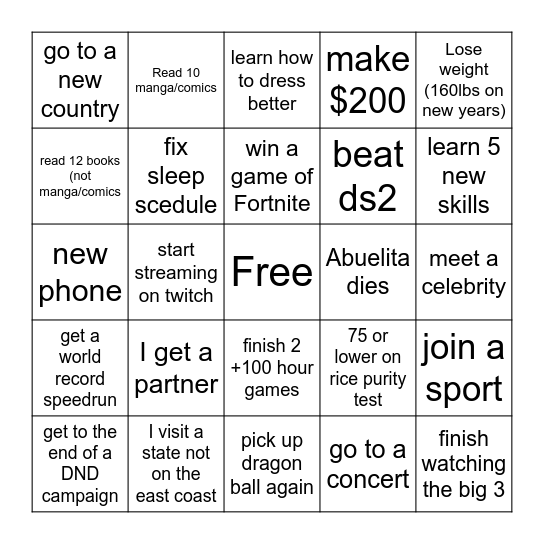 2025 New Years Bingo Card