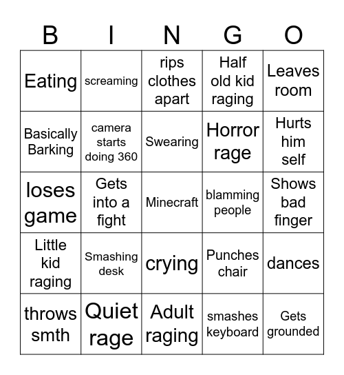 Gamer rage bingo Card