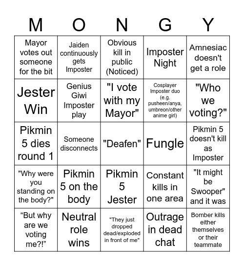 Ultimate Mongy Monday! Bingo Card