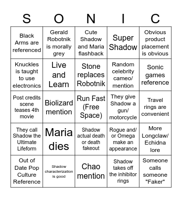Sonic Movie 3 Bingo Card Bingo Card