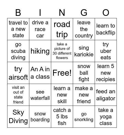 goals Bingo Card