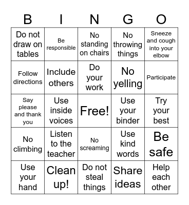 Classroom Rules Bingo Card