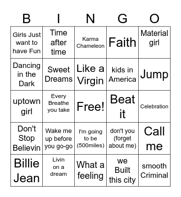 80 Music Bingo Card