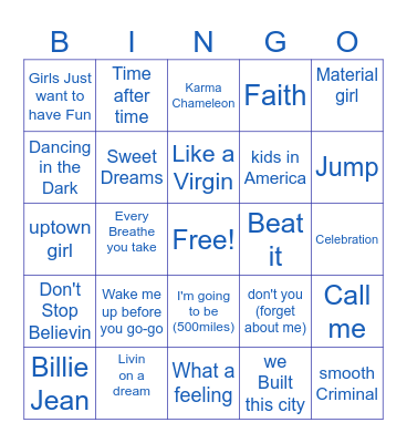 80s Music Bingo Card