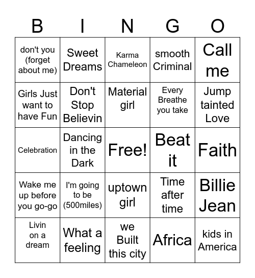 80 Music Bingo Card