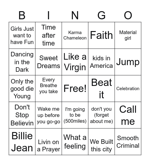 80s Music Bingo Card