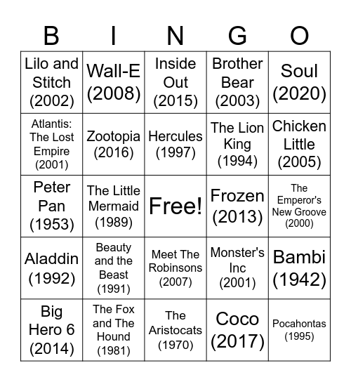 Disney Movie Trailer Bingo Card