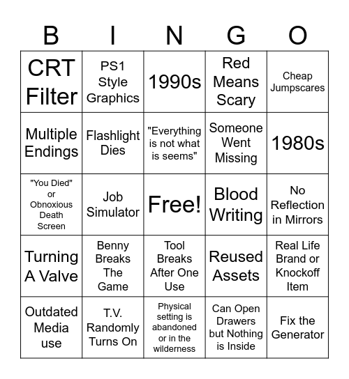 Indie Horror Game Bingo Card