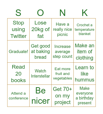 Personal Goals Bingo Card