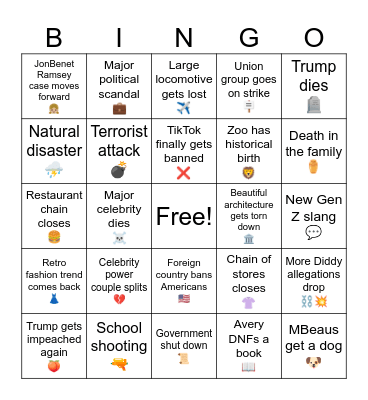 ~2025 Events~ Bingo Card